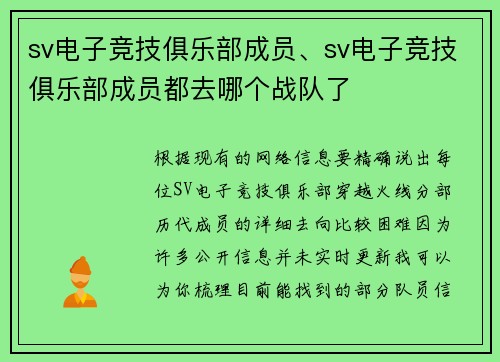 sv电子竞技俱乐部成员、sv电子竞技俱乐部成员都去哪个战队了